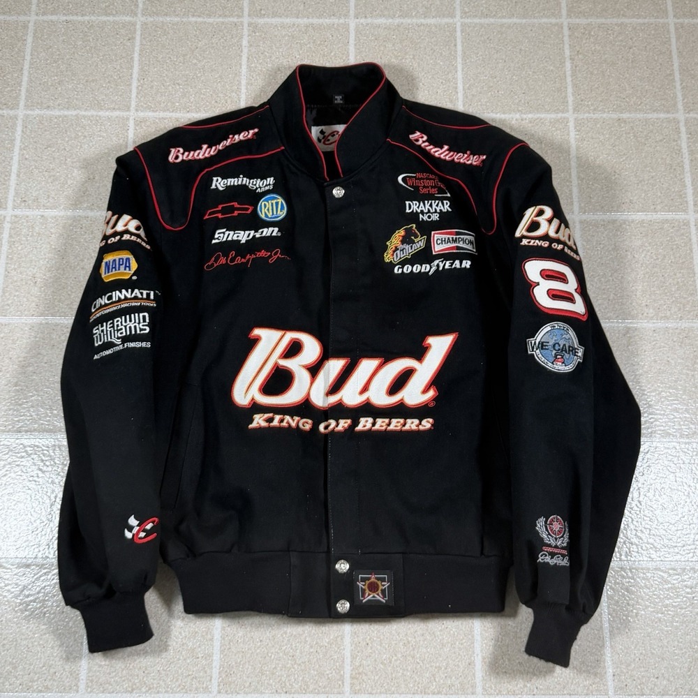 Vintage Dale Earnhardt Jr #8 Budweiser NASCAR JH Design Jacket Black Y2K Sz M